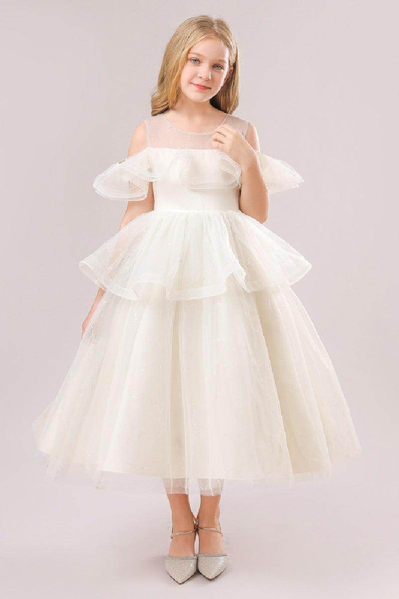 Ball-Gown Off The Shoulder Neck Cold Shoulder Sleeves Tulle Midi Flower Girl Dresses 687623292935 - COCOMELODY